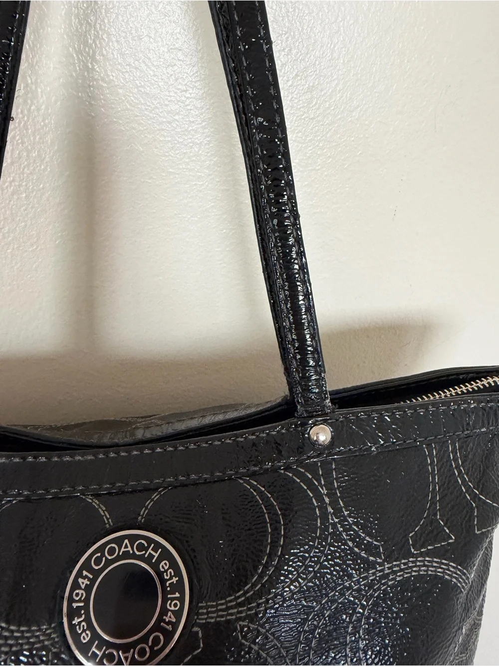 COACH F19198 Signature Sis Stitch Black Patent Leather Medium Tote Shoulder Bag